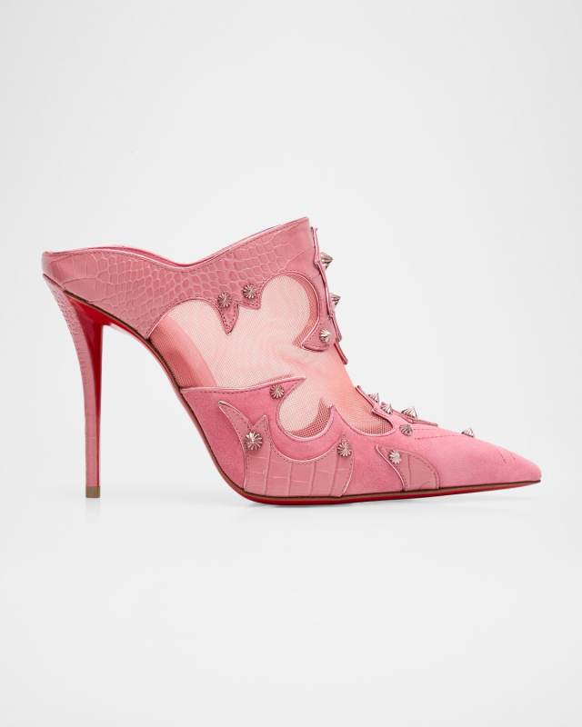 100mm Mulatiag Suede Mesh Red Sole Mule Pumps